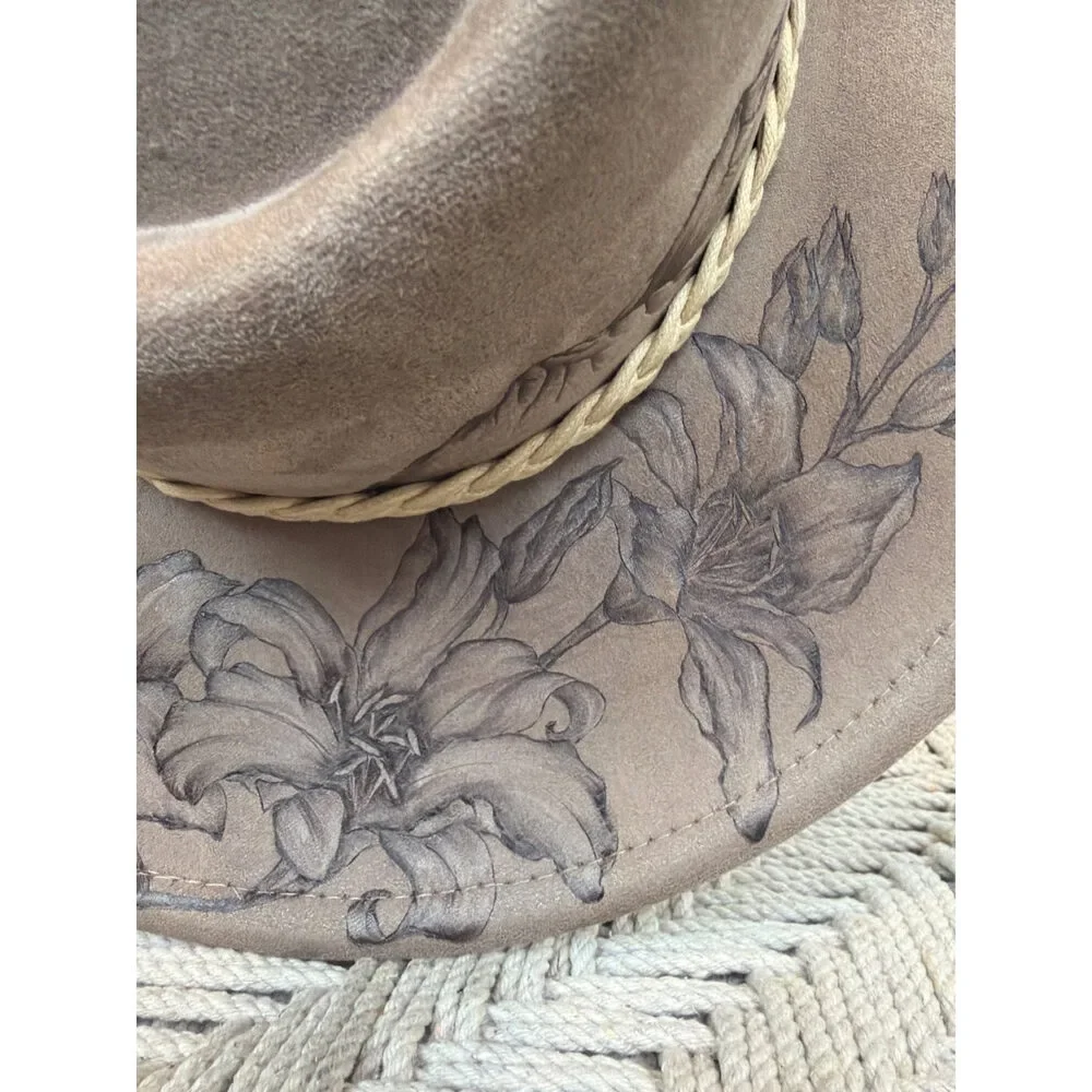 Sun Kissed Fedoras Cowgirl Hat Hand-Drawn Horse Floral Wide Brim Horse and Sunflowera Burned Hat, Floral Burned Cowgirl  main image 2